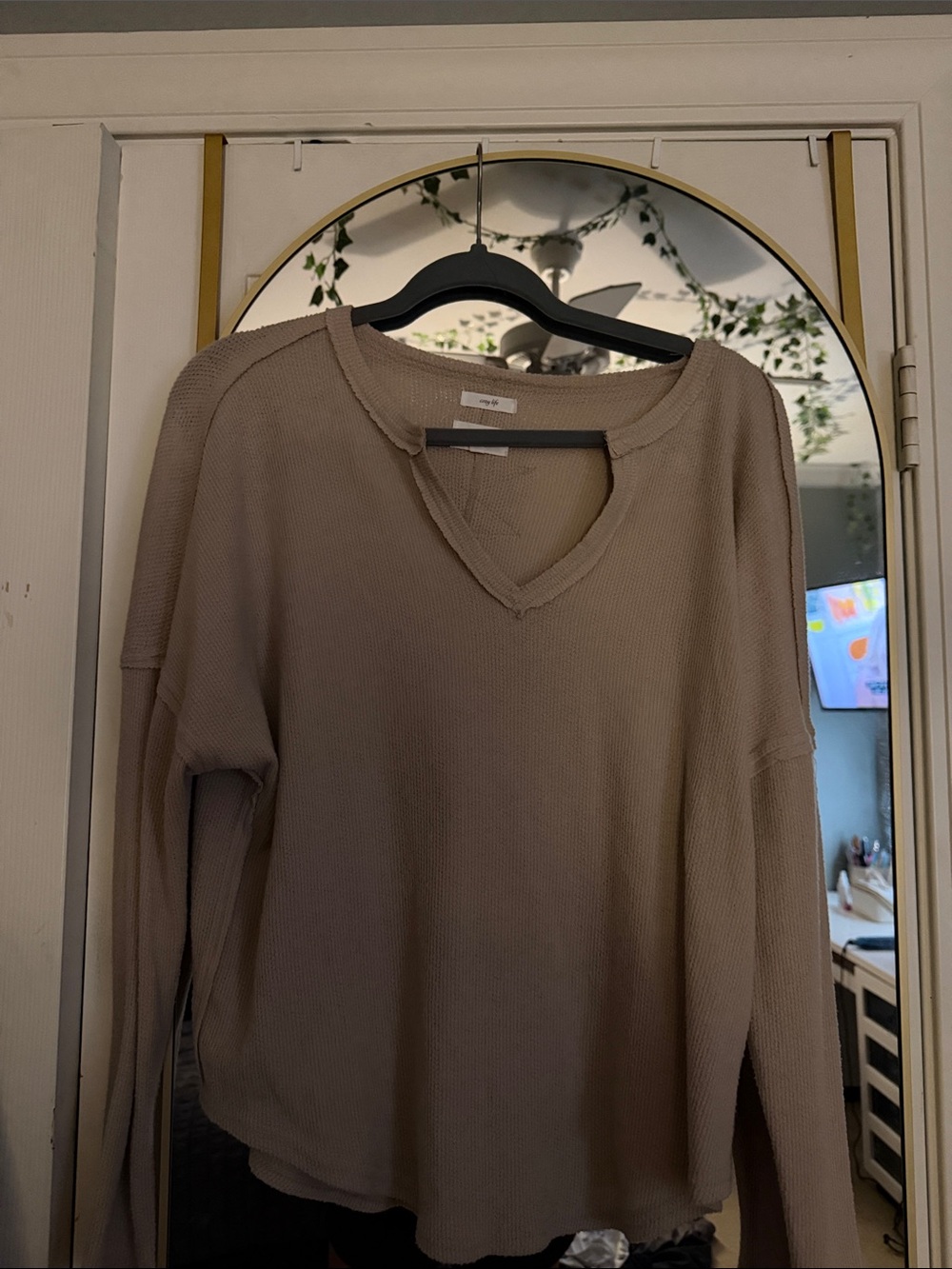 Cozy Taupe Waffle-Knit V-Neck Top